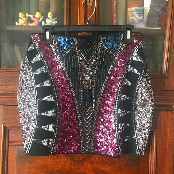 EXPRESS GEOMETRIC MULTICOLORED SEQUIN MINISKIRT SIZE M - Picture 1 of 2
